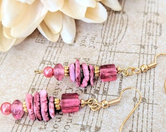 Pink Earrings Gold, Mother of Pearl Jewelry, Birthday Gift for Mom, Mauve Pink Earrings, Bridesmaids Gift, Stocking Stuffers for Daughter