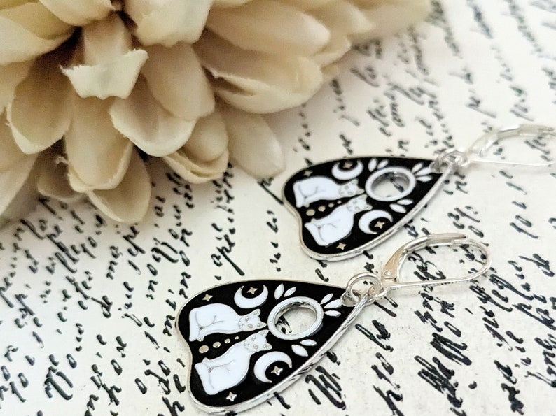 Sterling Silver Ouija Board Earrings, Planchette Earrings, Black Cat Moon Earrings Dangle, Lunar Gift for Her, Whimsigoth Gifts for Sister image 2