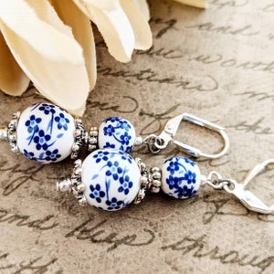 Sterling Silver Delft Blue Earrings Dangle, Cottagecore Jewelry, Mom Birthday Gift from Daughter, Dutch Ceramic Blue Floral Earrings, Nickel image 1
