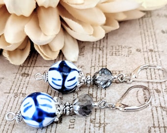 Sterling Silver Delft Blue Earrings Dangle, Hypoallergenic, Mothers Day Gift for Mom, Navy Blue Earrings Ceramic, Leverback Earrings Artisan