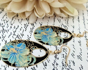 Black Lily Earrings Dangle, Flowercore Gift for Her, Blue Lily Jewelry, Japanese Inspired Earrings, Floral Earrings Sky Blue Artisan Jewelry