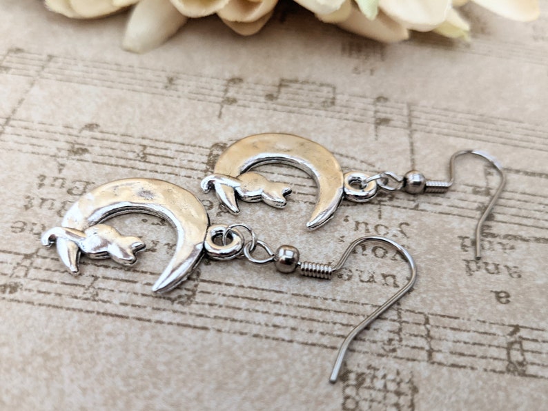 Sterling Silver Cat on the Moon Earrings Dangle, Celestial Jewelry Witchy Gifts for Women, Birthday Gifts for Cat Lovers, Vet Gift for Her image 3