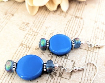 Sterling Silver Dusty Blue Earrings Dangle, Hypoallergenic, Bohemian Earrings for Women, Denim Blue Jewelry, Artisan Earrings Unique Design