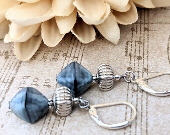 Sterling Silver Cobalt Blue Earrings Dangle, Hypoallergenic Leverback, Pewter Earrings, Vintage Czech Glass Earrings Handmade, Unique Gifts