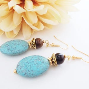 Turquoise Earrings Gold, Boho Dangle Earrings Handmade, Organic Earrings, Chunky Earrings Bohemian, Birthday Gift for Her, Statement Jewelry image 4