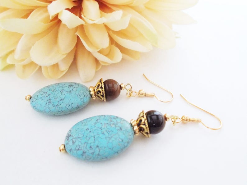 Turquoise Earrings Gold, Boho Dangle Earrings Handmade, Organic Earrings, Chunky Earrings Bohemian, Birthday Gift for Her, Statement Jewelry image 4