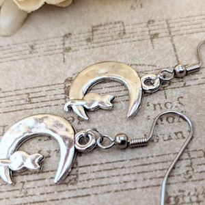 Sterling Silver Cat on the Moon Earrings Dangle, Celestial Jewelry Witchy Gifts for Women, Birthday Gifts for Cat Lovers, Vet Gift for Her image 1