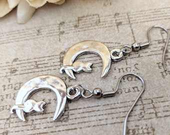 Sterling Silver Cat on the Moon Earrings Dangle, Celestial Jewelry Witchy Gifts for Women, Birthday Gifts for Cat Lovers, Vet Gift for Her