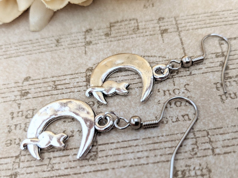 Sterling Silver Cat on the Moon Earrings Dangle, Celestial Jewelry Witchy Gifts for Women, Birthday Gifts for Cat Lovers, Vet Gift for Her image 1