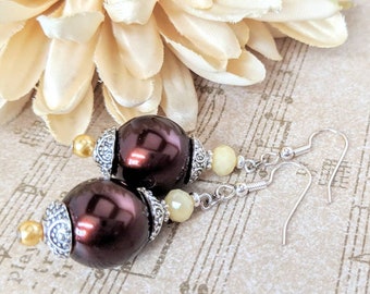 Sterling Silver Chocolate Pearl Earrings, Bridesmaids Gifts for Her, Fall Wedding Jewelry for Brides Pearl, Handmade Earrings Victorian