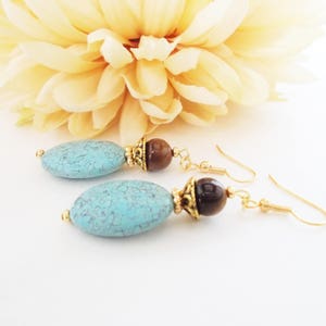 Turquoise Earrings Gold, Boho Dangle Earrings Handmade, Organic Earrings, Chunky Earrings Bohemian, Birthday Gift for Her, Statement Jewelry image 5