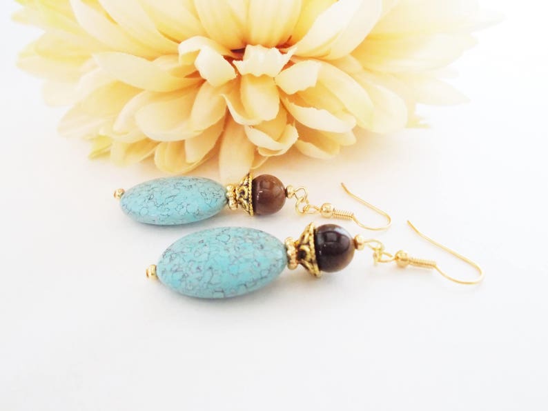 Turquoise Earrings Gold, Boho Dangle Earrings Handmade, Organic Earrings, Chunky Earrings Bohemian, Birthday Gift for Her, Statement Jewelry image 5