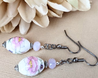 Sterling Silver Blush Pink Earrings Dangle, Ceramic Earrings Floral, Hypoallergenic, Valentines Day Gift for Wife, Cottagecore, Artisan