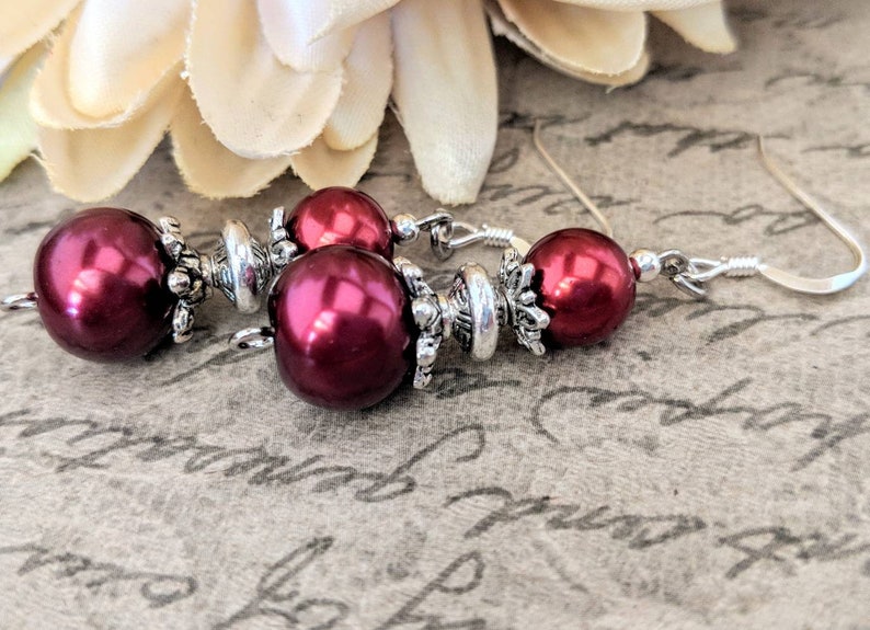 Ruby Red Pearl Earrings Bridesmaids Gift, Fall Wedding Jewelry Sterling Silver, Clip On Earrings Dangle, Boho Bridal Earrings Autumn Jewelry image 2