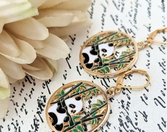 Panda Earrings Dangle, Gold Panda Jewelry Gift for Her, Animal Earrings Whimsical Jewelry for Tweens, Black and White Panda Gift for Sister