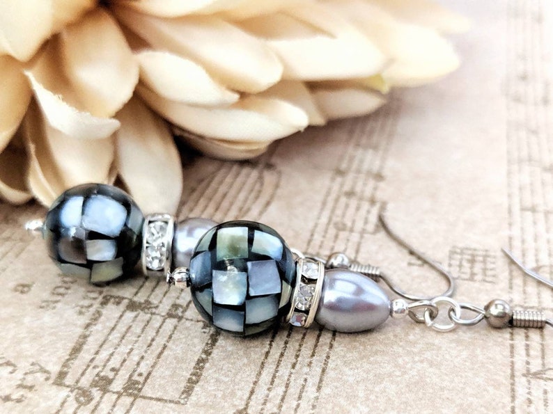 Sterling Silver Pearl Teardrop Earrings Dangle, Mother of Pearl Earrings Organic Jewelry, Hypoallergenic, Mosaic Earrings Black, Artisan image 8