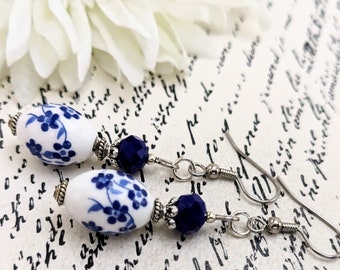 Sterling Silver Delft Blue Earrings Dangle, Cottagecore Jewelry, Stocking Stuffers for Her, Dutch Ceramic Blue Floral Earrings, Nickel Free