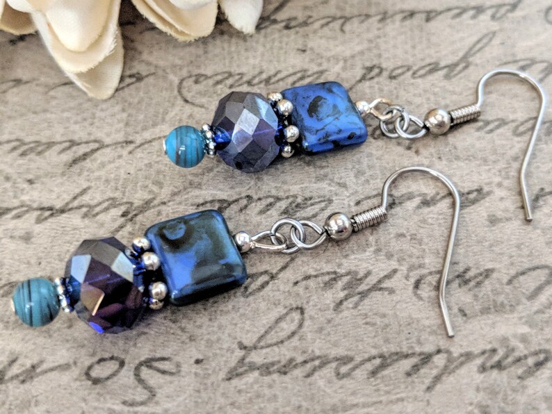 Bohemian Earrings French Blue Dangle Earrings Summer Wedding Jewelry Bridesmaids Earrings Sterling Silver Boho Bridal Earrings Navy Blue