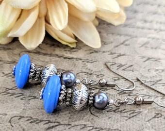 Sterling Silver Dusty Blue Earrings Dangle, Pewter Earrings Handmade, Hypoallergenic, Metaphysical Jewelry Gift for Her, Chakra Earrings