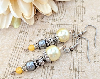 Sterling Silver Pearl Earrings Dangle, Yellow Gray Earrings, Hypoallergenic, June Birthstone Gift for Wife, Spring Bridesmaids Gift for Her