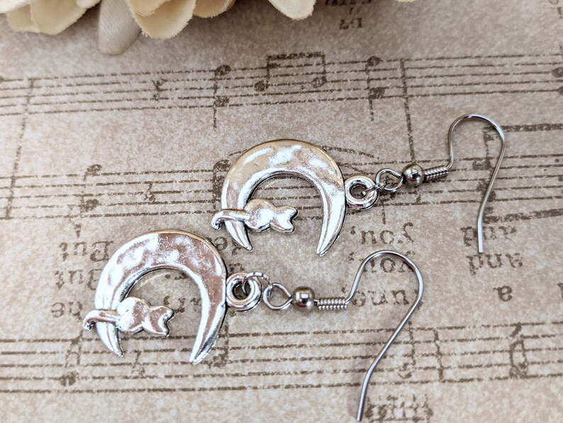 Sterling Silver Cat on the Moon Earrings Dangle, Celestial Jewelry Witchy Gifts for Women, Birthday Gifts for Cat Lovers, Vet Gift for Her image 5