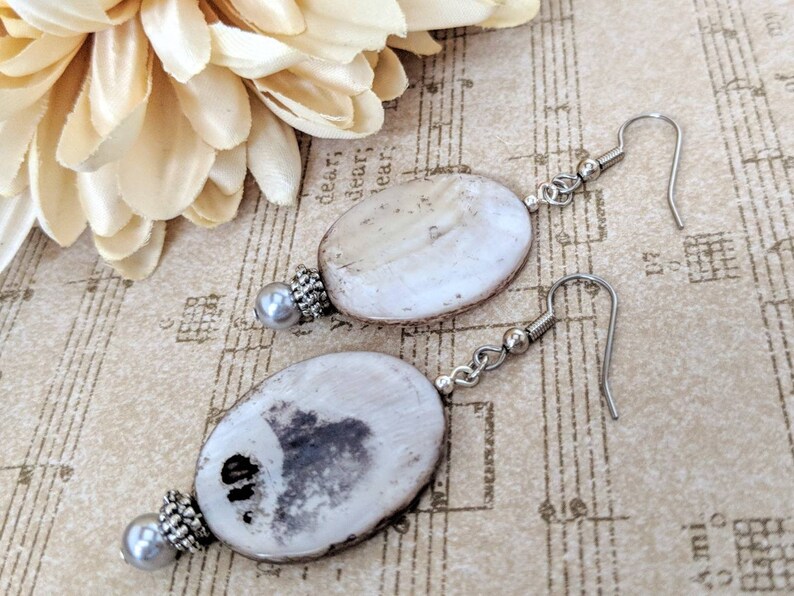 Sterling Silver Mother of Pearl Earrings Dangle, Hypoallergenic, Boho Earrings Handmade, Mothers Day Gift for Mom, Wedding Jewelry for Bride image 3