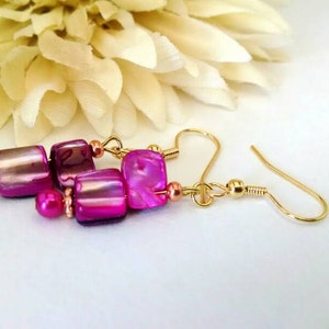 Pink Earrings, Mother of Pearl Jewelry Handmade, Boho Dangle Earrings, Birthday Gift for Daughter, Magenta Earrings, Valentines Day Gift for image 5