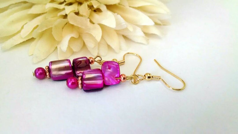 Pink Earrings, Mother of Pearl Jewelry Handmade, Boho Dangle Earrings, Birthday Gift for Daughter, Magenta Earrings, Valentines Day Gift for image 5