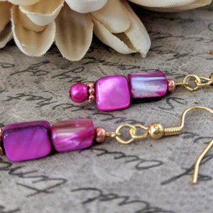 Pink Earrings, Mother of Pearl Jewelry Handmade, Boho Dangle Earrings, Birthday Gift for Daughter, Magenta Earrings, Valentines Day Gift for image 3