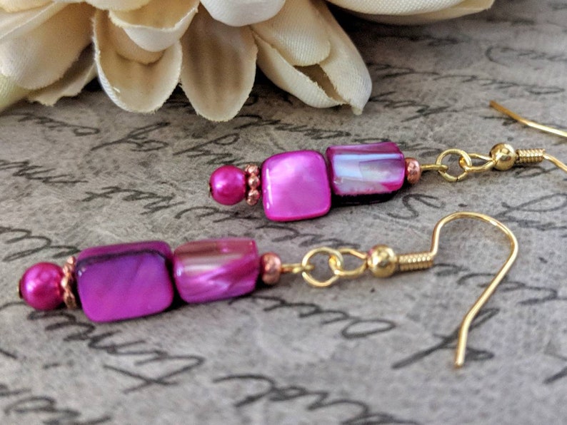 Pink Earrings, Mother of Pearl Jewelry Handmade, Boho Dangle Earrings, Birthday Gift for Daughter, Magenta Earrings, Valentines Day Gift for image 3