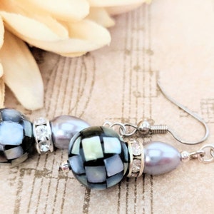 Sterling Silver Pearl Teardrop Earrings Dangle, Mother of Pearl Earrings Organic Jewelry, Hypoallergenic, Mosaic Earrings Black, Artisan image 5