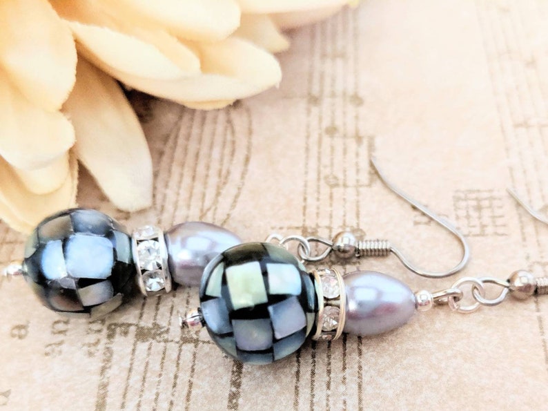 Sterling Silver Pearl Teardrop Earrings Dangle, Mother of Pearl Earrings Organic Jewelry, Hypoallergenic, Mosaic Earrings Black, Artisan image 5