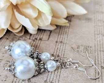 Sterling Silver White Pearl Earrings Dangle, 30th Anniversary Gift for Wife, Mother of the Groom Gift, Hypoallergenic, Renaissance Earrings