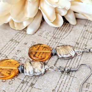 Sterling Silver Amber Earrings Dangle, Pewter Earrings, Honeycore, Hypoallergenic, Artisan Earrings Unique Design, Boho Chic Earrings Gold image 3