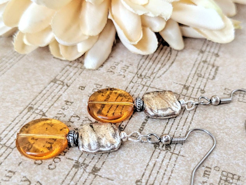 Sterling Silver Amber Earrings Dangle, Pewter Earrings, Honeycore, Hypoallergenic, Artisan Earrings Unique Design, Boho Chic Earrings Gold image 3