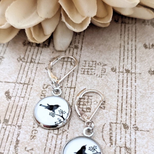 Sterling Silver Bird on Branch Jewelry, Songbird Earrings Gift for Her, Bird Watchers Gift for Women, Swallow Earrings, Nickel Free Jewelry