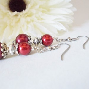 Ruby Red Pearl Earrings Bridesmaids Gift, Fall Wedding Jewelry Sterling Silver, Clip On Earrings Dangle, Boho Bridal Earrings Autumn Jewelry image 8