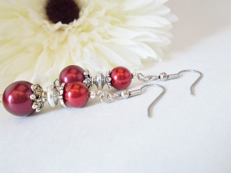 Ruby Red Pearl Earrings Bridesmaids Gift, Fall Wedding Jewelry Sterling Silver, Clip On Earrings Dangle, Boho Bridal Earrings Autumn Jewelry image 8