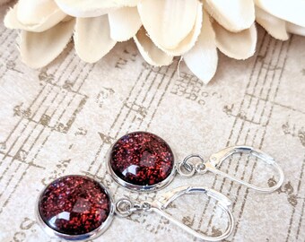 Sterling Silver Dark Red Earrings Dangle, Hypoallergenic, Cute Earrings for Tweens, Glitter Earrings for Daughter, Artisan Earrings Unique