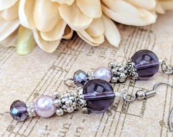 Sterling Silver Lavender Pearl Earrings, Boho Bridesmaid Earrings, Purple Earrings Dangle Birthstone Jewelry, Birthday Gift Ideas for Her