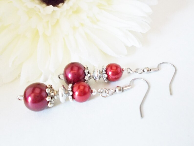 Ruby Red Pearl Earrings Bridesmaids Gift, Fall Wedding Jewelry Sterling Silver, Clip On Earrings Dangle, Boho Bridal Earrings Autumn Jewelry image 4