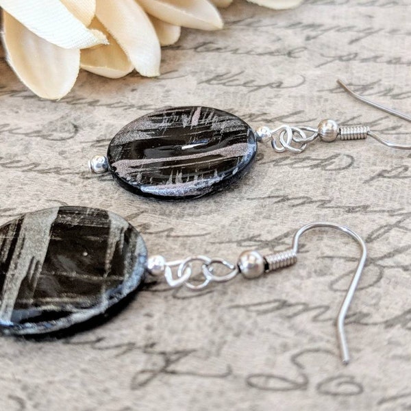 Sterling Silver Black Earrings Dangle, Natural Earrings Mother of Pearl, Cute Earrings for Teen Girls, Beach Earrings Summer Birthday Gifts