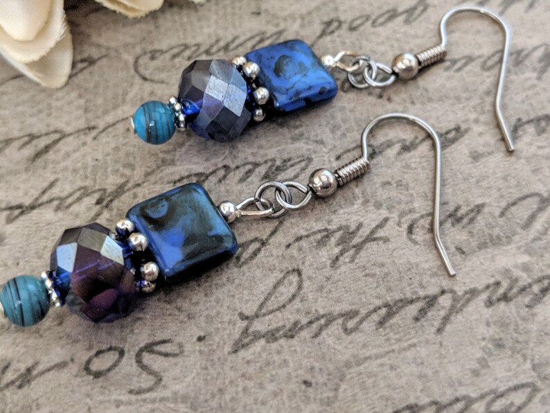 Bohemian Earrings French Blue Dangle Earrings Summer Wedding Jewelry Bridesmaids Earrings Sterling Silver Boho Bridal Earrings Navy Blue