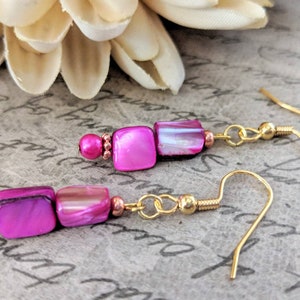 Pink Earrings, Mother of Pearl Jewelry Handmade, Boho Dangle Earrings, Birthday Gift for Daughter, Magenta Earrings, Valentines Day Gift for image 1