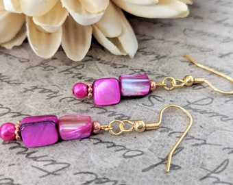 Magenta Earrings Dangle, Mother of Pearl Jewelry Organic, Fuchsia Earrings, Hypoallergenic, Pink Earrings Gold, Stocking Stuffers for Women
