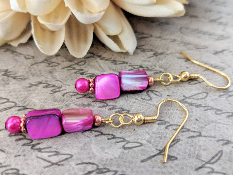 Pink Earrings, Mother of Pearl Jewelry Handmade, Boho Dangle Earrings, Birthday Gift for Daughter, Magenta Earrings, Valentines Day Gift for image 1