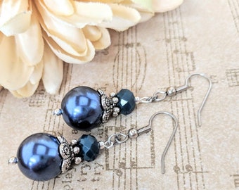 Sterling Silver Pearl Earrings Dangle, Something Blue Bridal Jewelry Mother of Bride, Cobalt Earrings Nonpierced, Bridesmaids Gift for Her