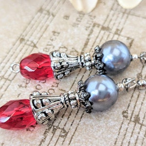 Sterling Silver Red Earrings Dangle, June Birthstone Jewelry Gift for Wife, Valentines Day Gift for Women, Pewter Earrings, Artisan Jewelry image 1