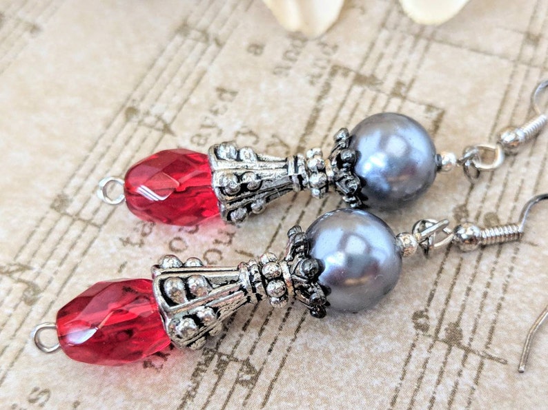 Sterling Silver Red Earrings Dangle, June Birthstone Jewelry Gift for Wife, Valentines Day Gift for Women, Pewter Earrings, Artisan Jewelry image 1