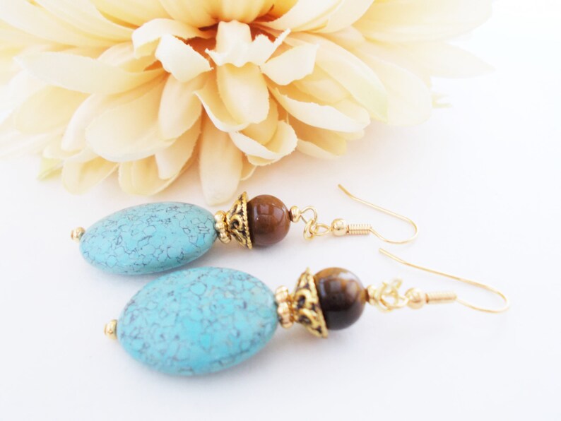 Turquoise Earrings Gold, Boho Dangle Earrings Handmade, Organic Earrings, Chunky Earrings Bohemian, Birthday Gift for Her, Statement Jewelry image 7